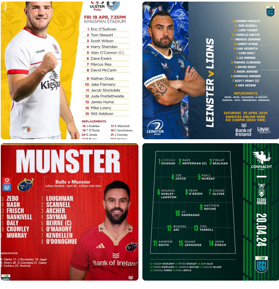 URC Fixtures - Connacht, Leinster, Munster and Ulster starting teams