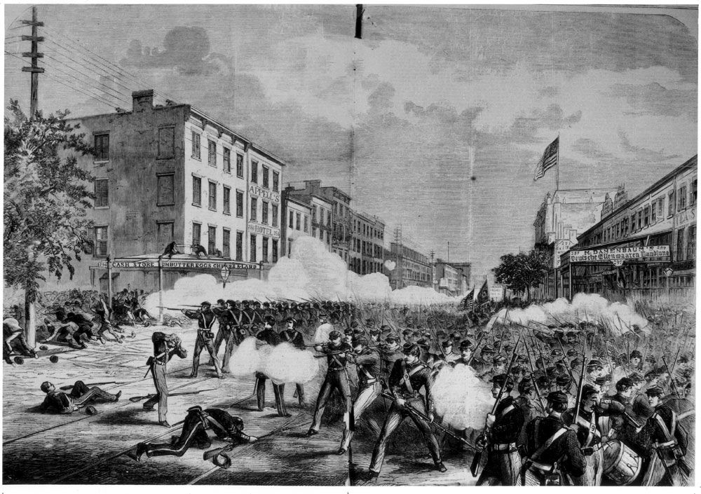 The New York Orange Riot of 1871 Title: New York City - The Orange Riot of July 12th - view on Eighth Avenue looking from Twenty-Fifth Street