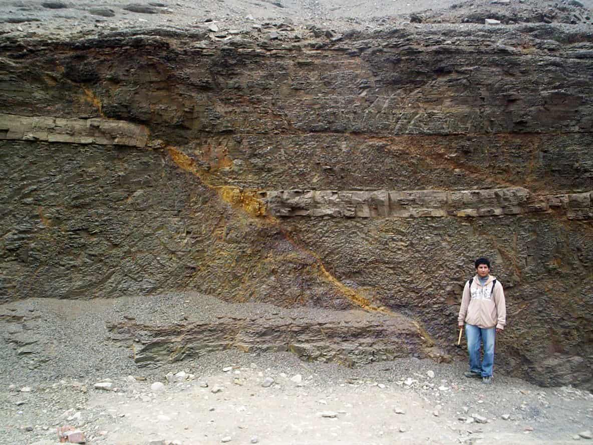 a person standing in front of a block of rock depicting a geological fault