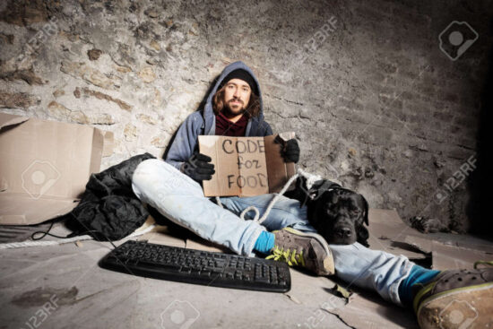 Make money panhandling, pan handler with his dog.