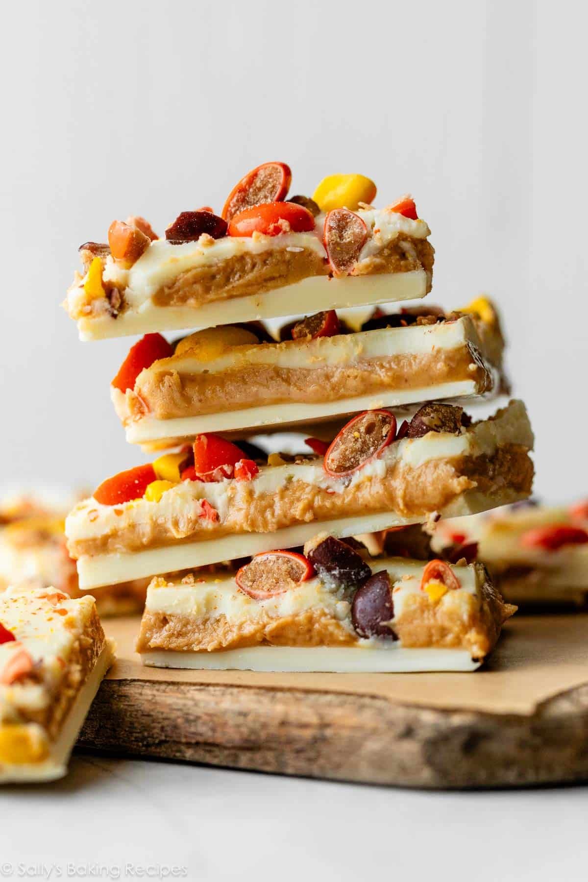 stack of white chocolate and peanut butter bark with Reese
