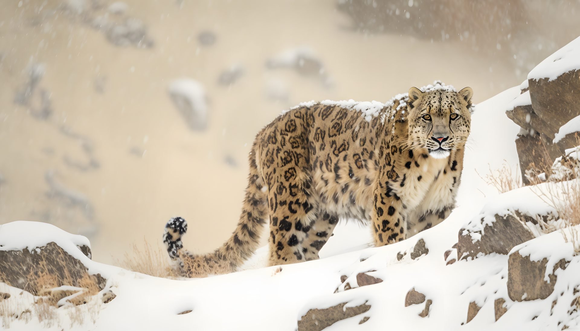 Snow Leopard in the mountains in Nepal.