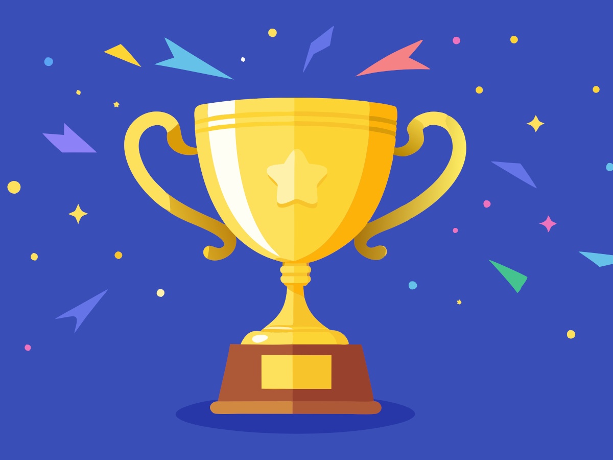 A cartoon image of a gold trophy with confetti surrounding it on a blue background, symbolising sci-tech winners.