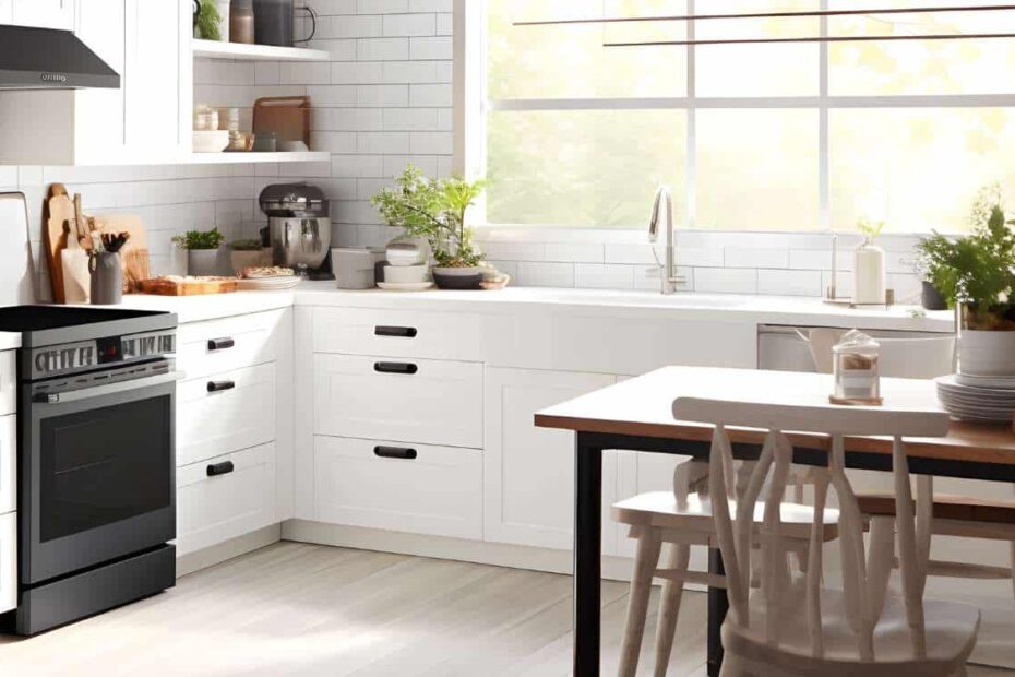 A bright small kitchen interior with table and chairs