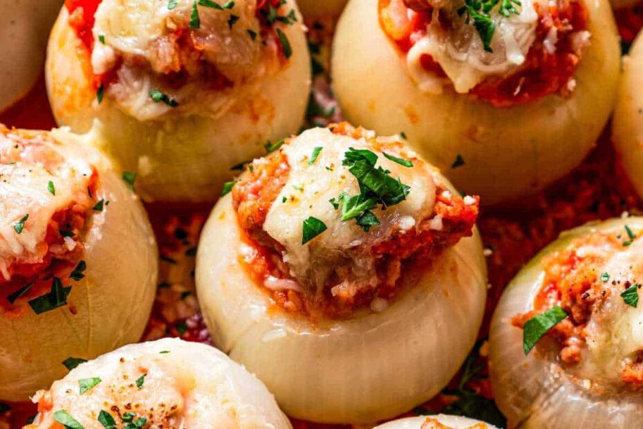 Stuffed Onions long Pinterest image.