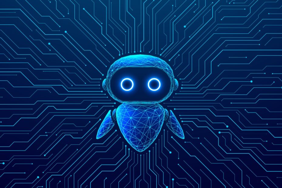 An abstract image of a small blue robot on a circuit board background, symbolising an AI chatbot.