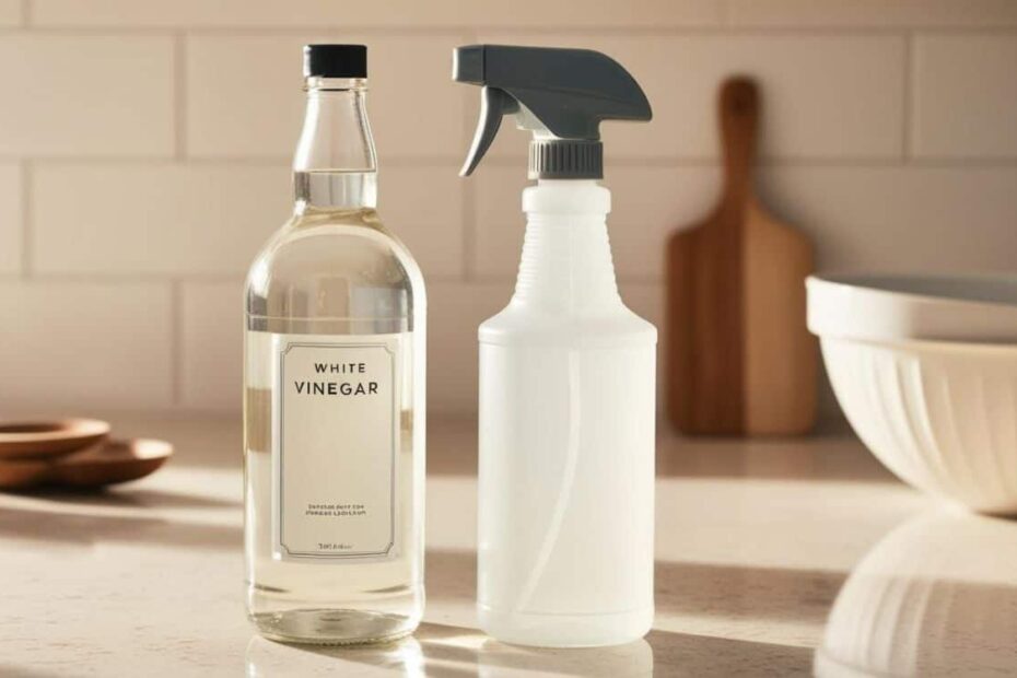 Image showing a bottle of vinegar, a spray bottle, a bowl and wooden cutting board on the background in a kitchen setting.