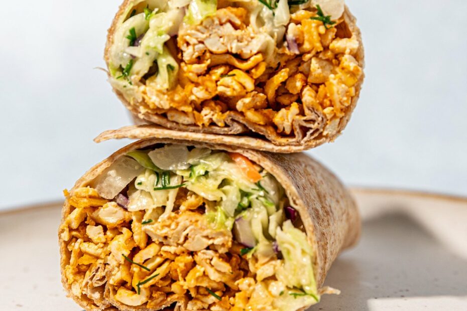 buffalo tofu wrap on white plate
