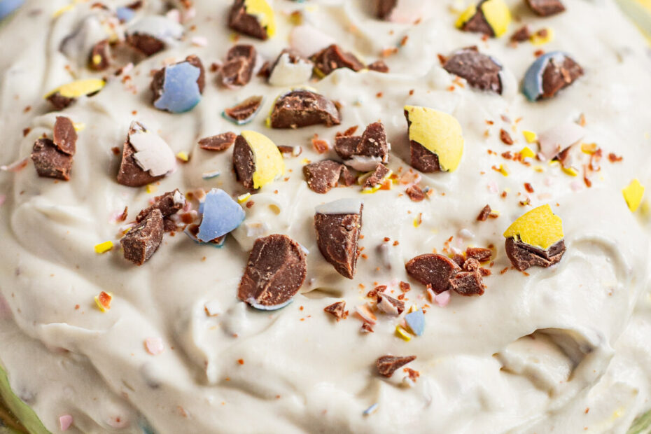 Close up of an Easter dip with crushed easter eggs.