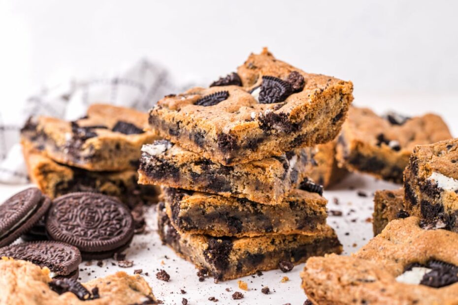 Cookies and Cream Blondies stacked on top of each other