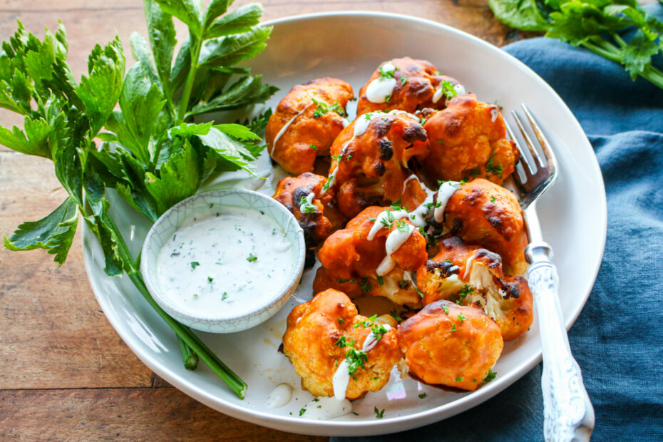 Healthy Buffalo Cauliflower with Ranch Dip - Sharon Palmer, The Plant Powered Dietitian