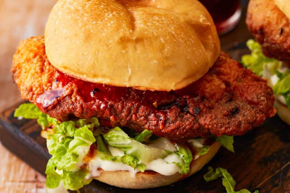 a hot honey chicken sandwich on a black plate.