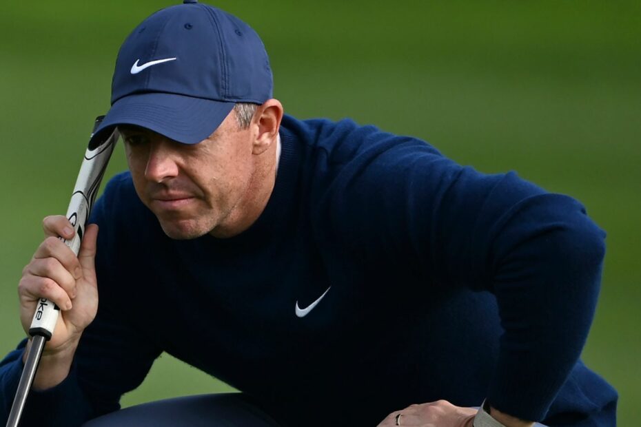 Rory McIlroy, of Northern Ireland, lines his putt on the 15th green at Pebble Beach Golf Links during the final round of the AT&T Pebble Beach Pro-Am golf tournament, Sunday, Feb. 2, 2025, in Pebble Beach, Calif. (AP Photo/Nic Coury)