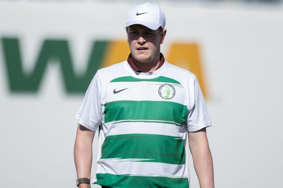 Robert MacIntyre of Scotland wears a Oban Celtic Shinty Club jersey on hole number 16 during the third round of the WM Phoenix Open 2025 at TPC Scottsdale on February 8, 2025 in Scottsdale, Arizona. (Photo by Aric Becker/ISI Photos/Getty Images)