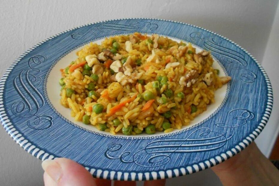 Simple curried rice on plate close up