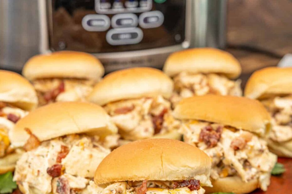 platter of shredded chicken sandwiches with text overlay