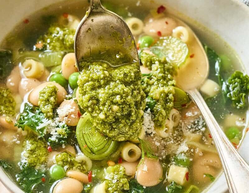 spring minestrone with pesto on top