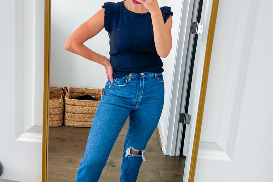 woman wearing the Abercrombie and Fitch Ultra High-Rise Ankle Straight Jean