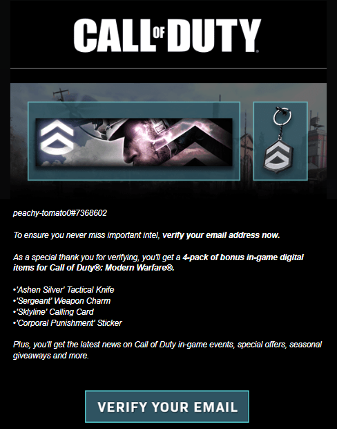 Email verification by Activision