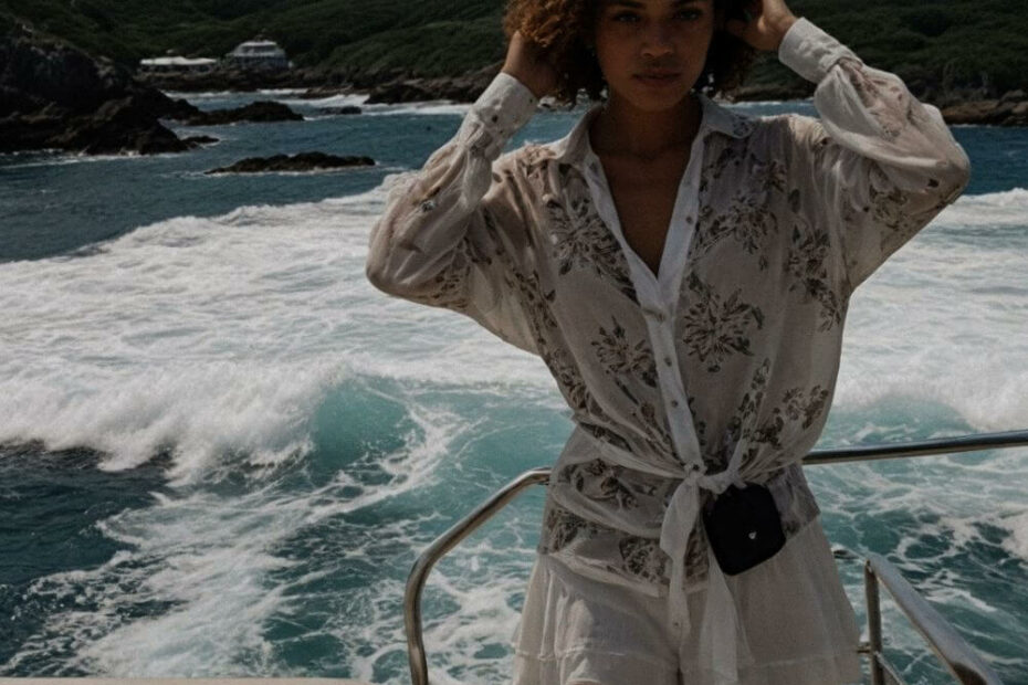 A woman stands on a boat deck in front of the ocean, wearing a sheer patterned shirt and white shorts—an ideal look for St. Barts travel outfits—with green hills and rolling waves in the background.