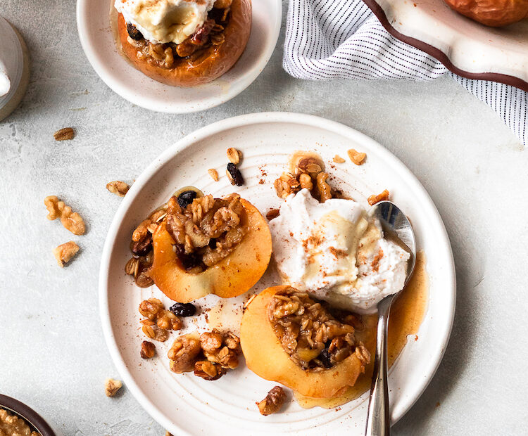 Baked Apple on Dish with Vegan Whipped Cream
