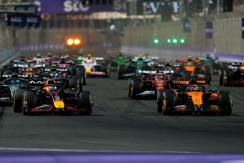 April 20, 2025, Jeddah, Saudi Arabia: Dutch driver MAX VERSTAPPEN (Red Bull Racing) and Australian driver OSCAR PIASTRI (McLaren F1 Team) battles for position at the start of the 2025 FIA Formula 1 Saudi Arabian Grand Prix at Jeddah Corniche Circuit in Jeddah, Saudi Arabia. (Cal Sport Media via AP Images)