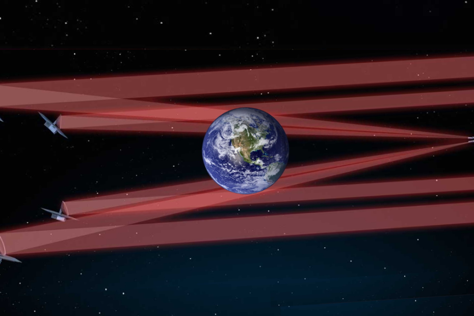 An illustration shows the five spacecraft of the LIFE mission with Earth between them