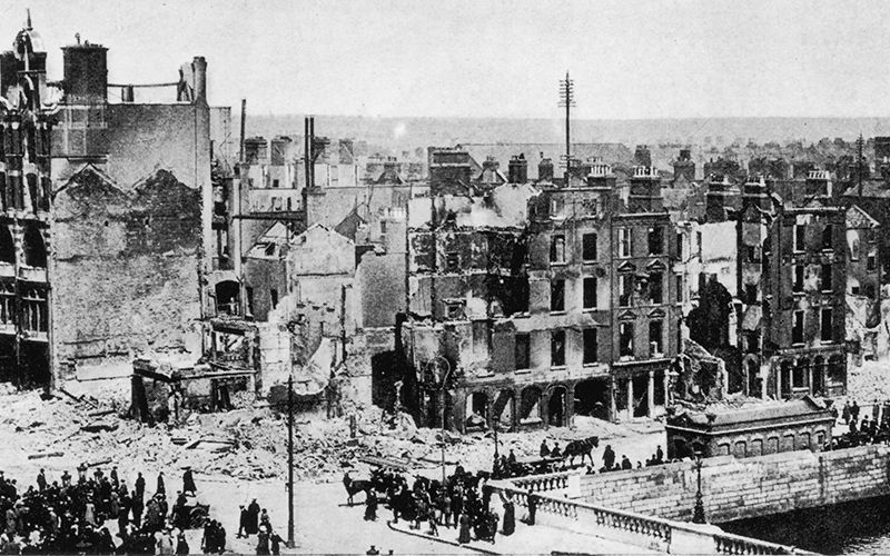 1916 Easter Rising: The corner of O'Connell Street and Eden Quay on the River Liffey, in Dublin.