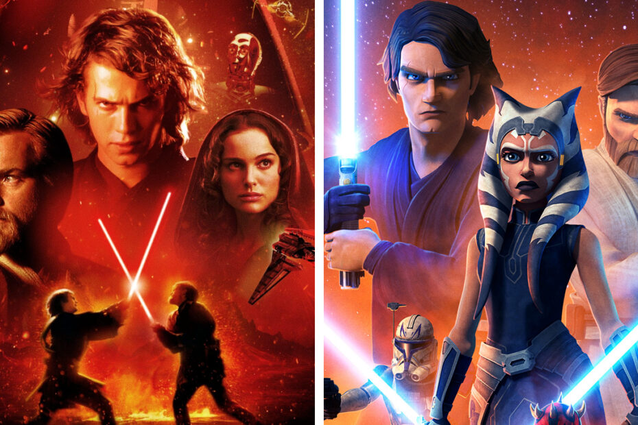 Split image showing the poster for revenge of the Sith on the left, and a poster for Star wars: The clone wars on the right.