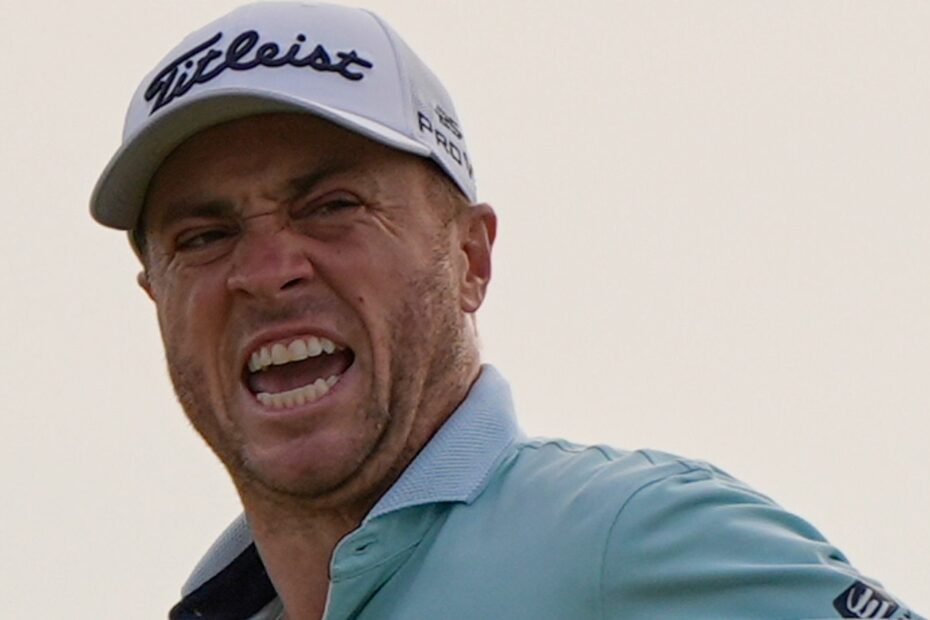 Justin Thomas celebrates after winning the RBC Heritage golf tournament, Sunday, April 20, 2025, in Hilton Head Island, S.C. (AP Photo/Mike Stewart)
