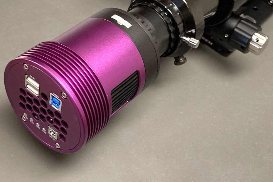 A Altair Hypercam 26C APS-C Colour TEC camera on a stand, wired to a laptop.