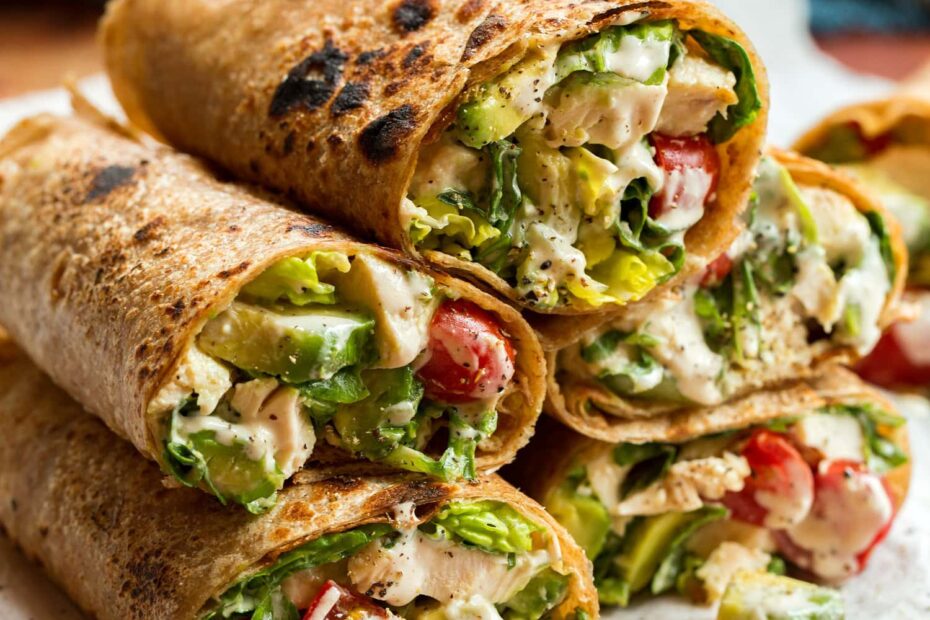 Stack of chicken caesar salad wraps