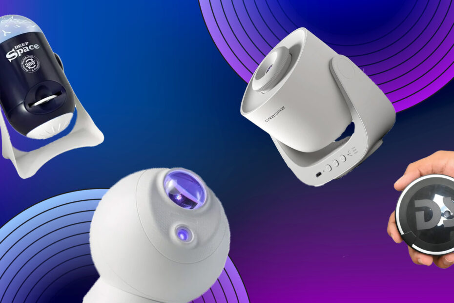 The best star projectors in front of a purple and blue background with concentric circles.