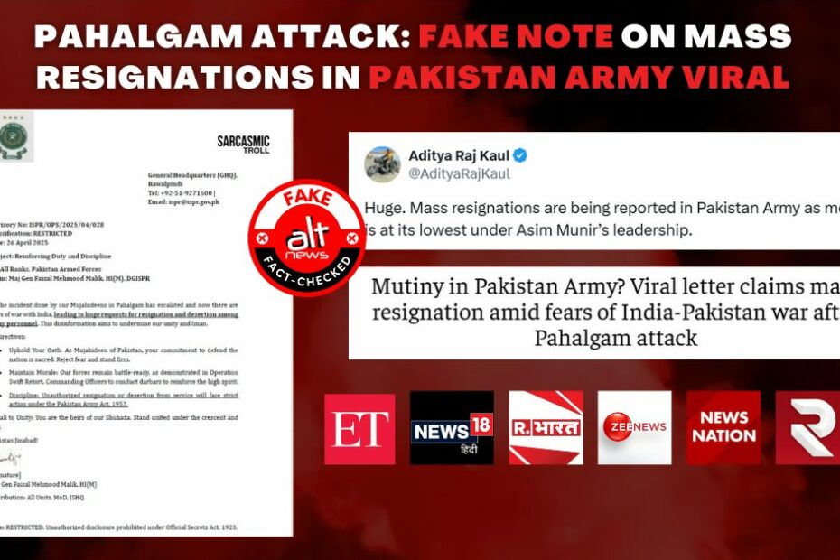 Mass resignations in Pakistan army after Pahalgam attack? Media outlets' reportage based on fabricated letter - Alt News