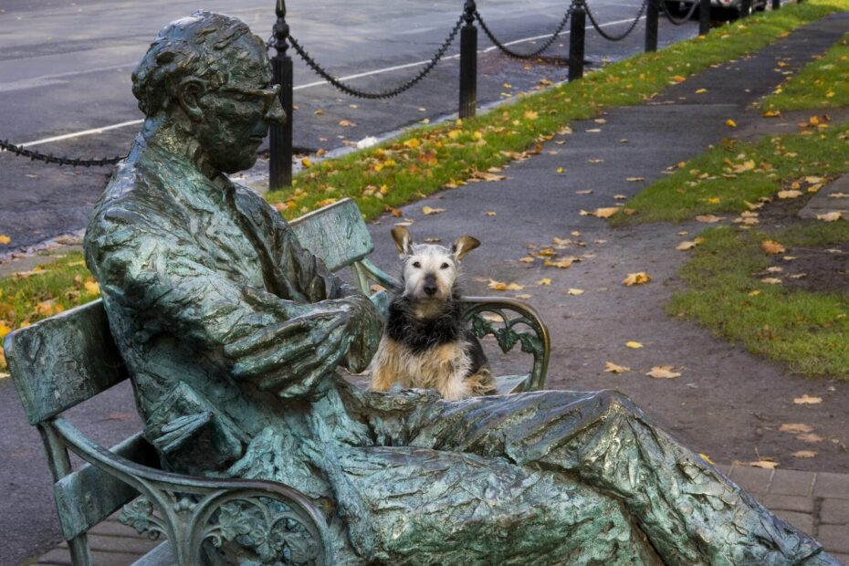 A statue of the Irish poet Patrick Kavanagh on the Grand Canal in Dublin.