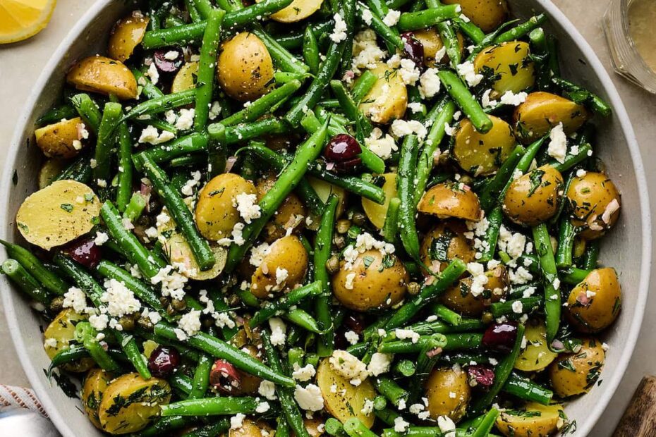 potato and green bean salad in bowl.
