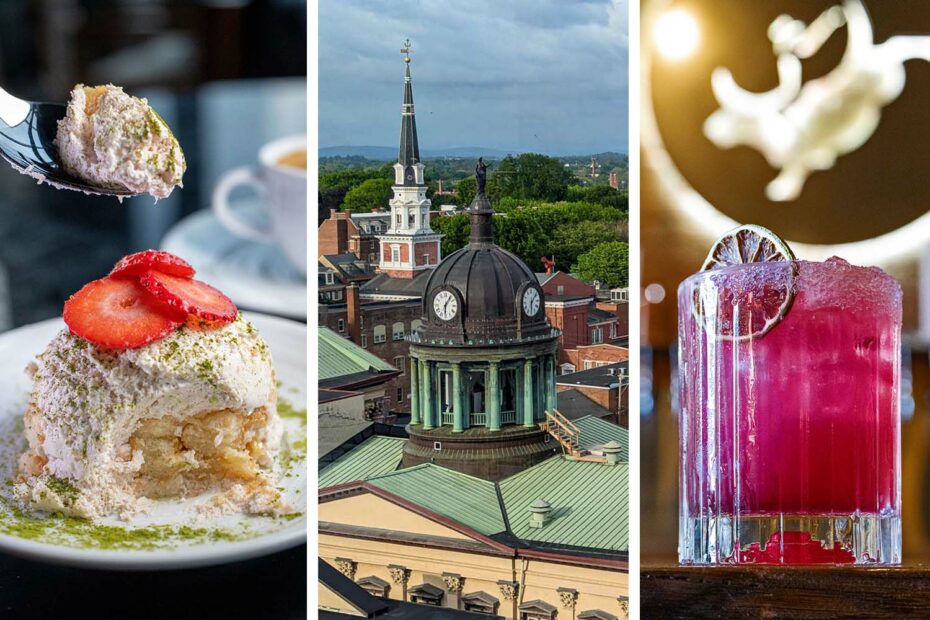 Three images showcasing downtown Lancaster PA highlights: Left shows an elegant layered dessert with white cream, pistachios and fresh strawberry from a local restaurant; center displays an aerial view of Lancaster's historic architecture featuring a prominent domed building with green copper roof and clock tower surrounded by red brick buildings and church spires; right shows a vibrant pink cocktail in a cut crystal glass with lime garnish, representing Lancaster's craft cocktail scene at venues like The Exchange rooftop bar.