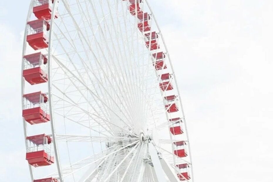 A red and white ferris wheel against a blue sky in a guide of Things to do in Branson Mo.