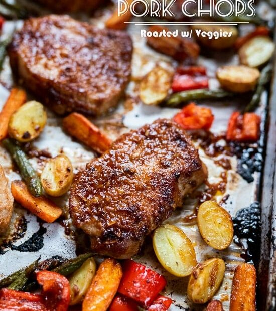 Juicy Baked Pork Chops Recipe with Vegetables is Best Pork Chops Recipe @whiteonrice #porkchops #pork #sheetpan #sheetpan dinners
