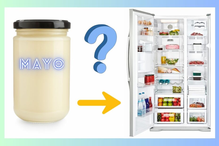 a mayo jar next to a blue question mark with an arrow pointing to an open refrigerator