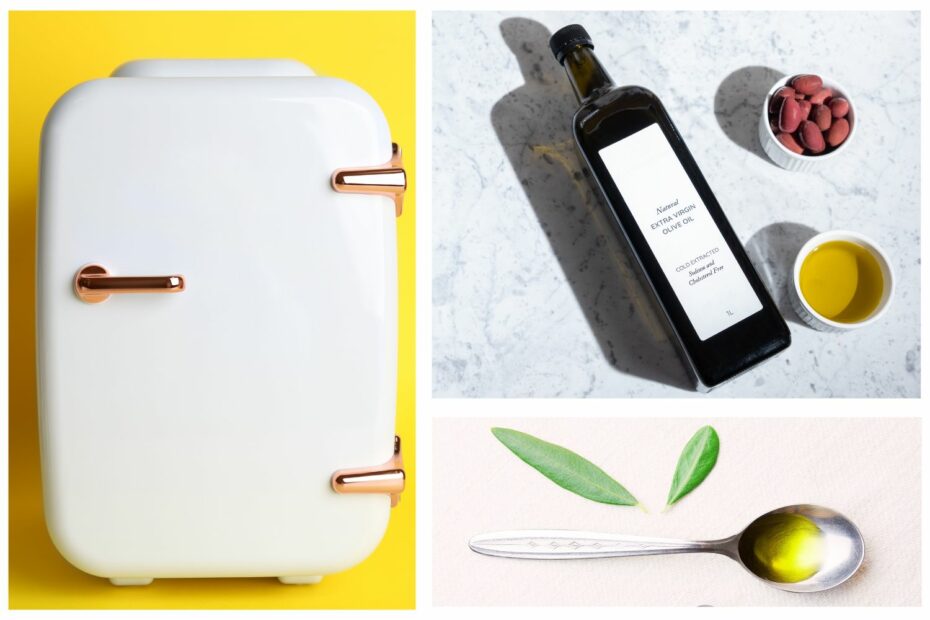 A photo grid of a mini refrigerator an olive oil bottle and a spoon laying down next to 2 leaves