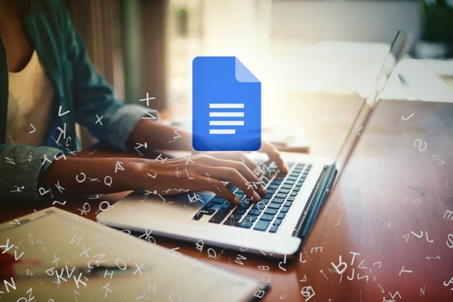 Google Docs / A user types on a laptop surrounded by abstract alphabetic characters..
