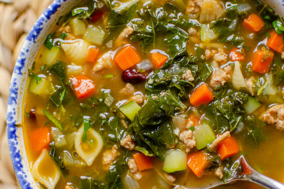 Closeup of a serving of soup.