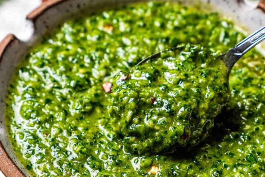 Photo collage of zhoug sauce with the recipe title in a text overlay.