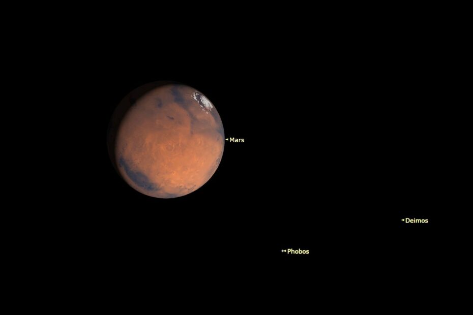 illustration of mars in space, with its two small moons phobos and deimos identified