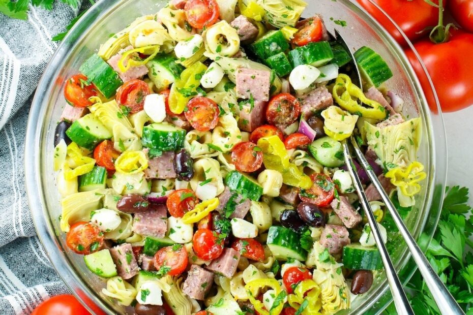 A 1200x1200 square photo of Italian Tortellini Pasta Salad.