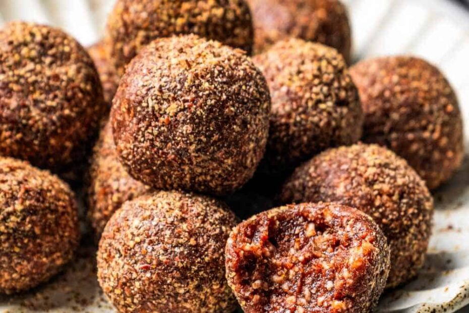 Photo collage of energy balls with the recipe title in a text overlay.