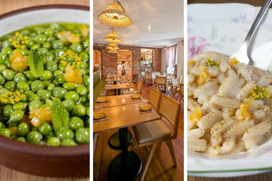 A three-panel collage showing Passerine Lancaster's Spring Peas dish with bright green peas in herbed broth with fennel pollen (left), the restaurant's main dining room with exposed brick and woven pendant lights (center), and the Gnocchi Sardi pasta with pecorino and preserved lemon garnish (right)