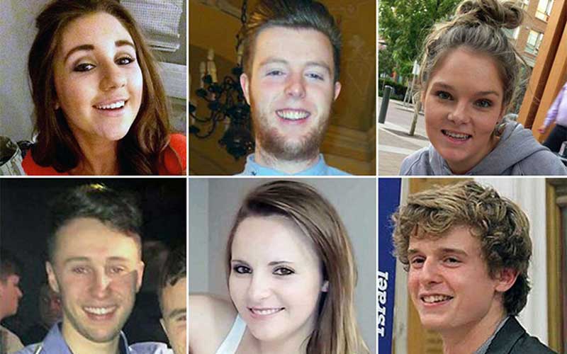 The Berkeley balcony collapse victims: Eimear Walsh, Eoghan Culligan, Olivia Burke, Niccolai Schuster, Ashley Donohoe, and Lorcán Miller.