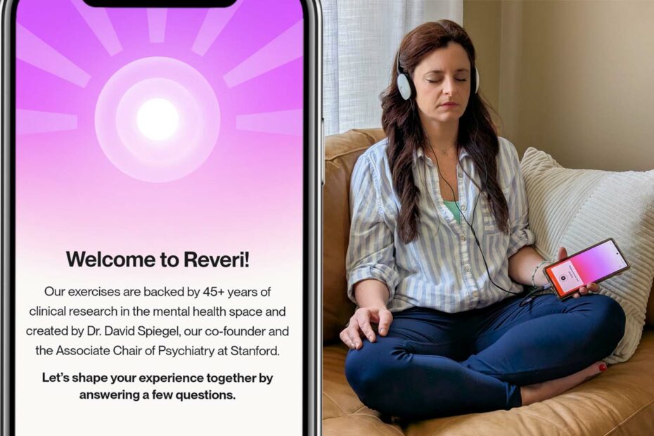 Split image showing a smartphone on the left displaying Reveri's welcome screen with a purple radial sunburst pattern and white center circle. The screen reads "Welcome to Reveri!" followed by text explaining "Our exercises are backed by 45+ years of clinical research in the mental health space and created by Dr. David Spiegel, our co-founder and the Associate Chair of Psychiatry at Stanford." Below states "Let's shape your experience together by answering a few questions." On the right side, a woman sits cross-legged on a tan leather couch wearing a light blue striped shirt and dark jeans. She has brown hair, closed eyes in a meditative state, and wears white headphones connected to a smartphone displaying a pink/orange gradient interface. Her hands rest naturally on her legs, and the setting shows a peaceful living room with natural lighting through sheer curtains and a textured throw pillow visible on the couch.